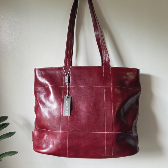NWT CAROLEE DEEP RED LEATHER TOTE BAG SIZE LARGE - Picture 1 of 16